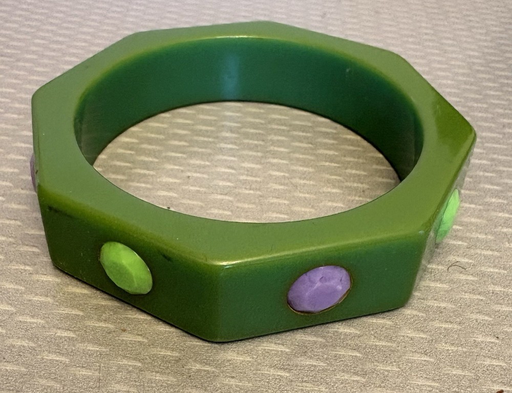 Vintage Bakelite Bangle Green Octagon Inlay Polka Dots Bracelet TESTED