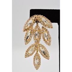 Vintage Crystal Leaf Earrings Drip Dangle Prong Rhinestone Marquise Gold BinAE