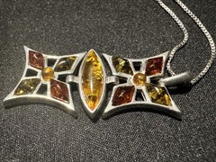 Vintage Baltic Amber Articulated Shield Pendant Necklace, 925 Silver,18″, 7.1g