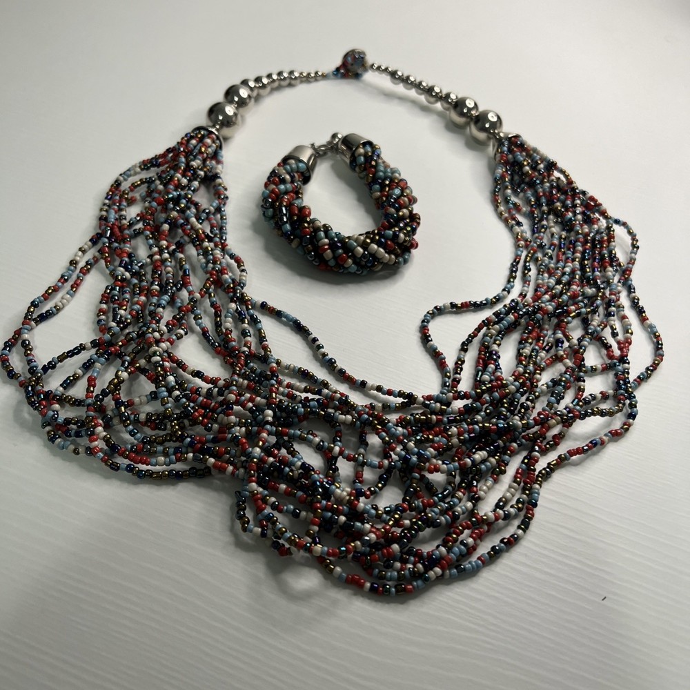 Multicolored Bead Multi Strand Statement Silver Tone Necklace Bracelet Set