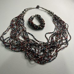 Multicolored Bead Multi Strand Statement Silver Tone Necklace Bracelet Set