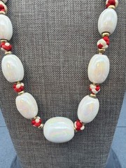 Vintage Knotted Rope Necklace 20 In Red White Iridescent Beads Gold Nautical