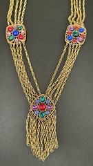 Vintage Gold Tone Chain Tassel Necklace Art Nouveau Etruscan Revival Cabochon