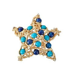 MANDLE Blue Floss Glass, Turquoise Glass Stone Cab Star Brooch Signed, L195