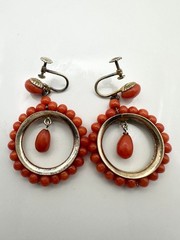Antique Victorian 835 silver natural red coral screw back Earrings