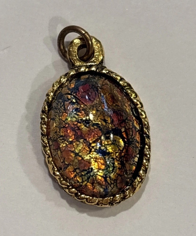 Vintage Dragon’s Breath Glass Pendant, Faux Fire Opal Gold Tone Oval Charm
