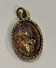 Vintage Dragon’s Breath Glass Pendant, Faux Fire Opal Gold Tone Oval Charm