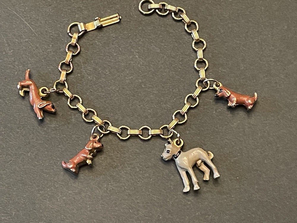 Child’s Vintage Charm Bracelet Enamel Dogs Puppies Theme 1960’s Nostalgia