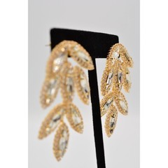 Vintage Crystal Leaf Earrings Drip Dangle Prong Rhinestone Marquise Gold BinAE