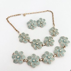 Vintage Pastel Blue Enamel Flower Set Earrings Necklace Clip On Earrings Spring