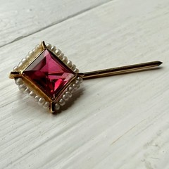 Antique Edwardian Marathon Co 10k Yellow Gold Stick Pin Ruby Glass Seed Pearl