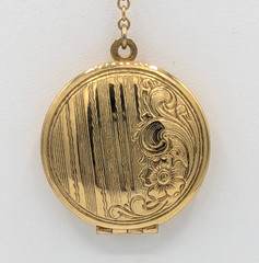 Vintage 1928 Y Drop Locket Necklace Etched Gold Tone Floral Round Photo Long 30″