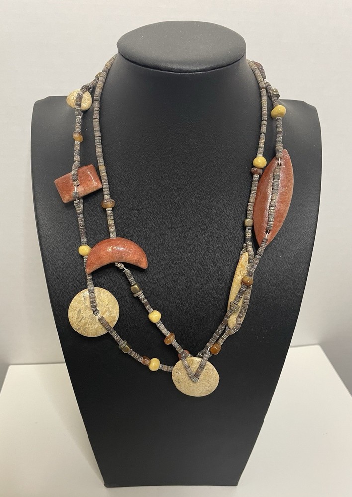 Vtg. Polished Stone Necklace Fall Autumn Jewel Long Moon Bead Beaded Boho Strung