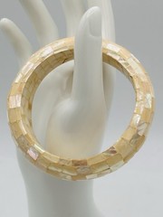 Vintage Mother of Pearl Mosaic Bangle Bracelet Cream Ivory Shell Wide Statement