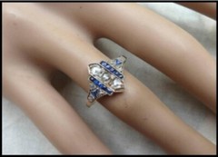 Art Deco Antique 1.20Ct Diamond Sapphire Vintage Wedding Ring 14K.Yellow Gold FN