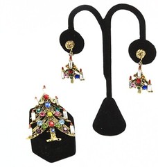 Hollycraft Signed Candle Multicolor Rhinestone Foil Brooch Earrings Set