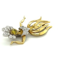 18k Two-Tone Gold Vintage Hula Dancer Brooch w/ Irradiated Diamond