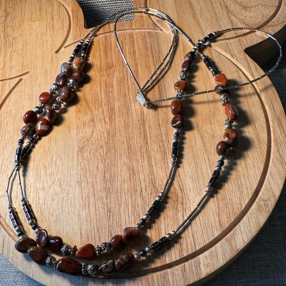 Vintage Amber and Earth tones two strand that are Silver toned Necklace J110