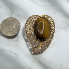 Vintage Tiger’s Eye Leaf Brooch Gold Metal Brown Oval Cabochon 1950’s-1970’s