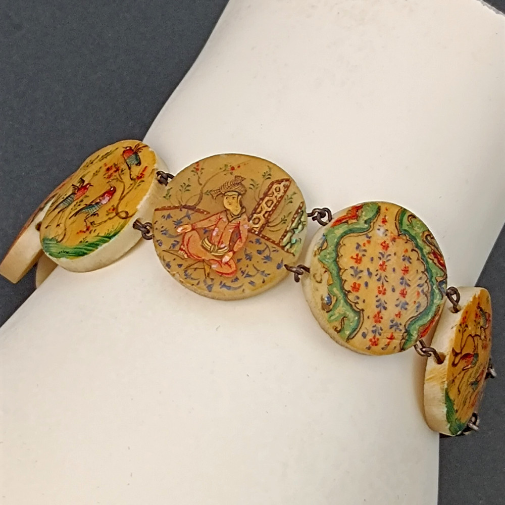 Vintage Round Storyteller Bracelet Middle Eastern Painted Folk Art Birds Figures