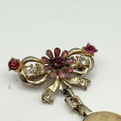 Vintage Benrus Rhinestone Flower Crystal Bow Brooch Pin Watch Pink Gold Tone