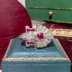 Art Deco Style Ruby Lab Created Diamond Anniversary Gift 14k White Gold FN Ring
