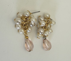 2 Pairs of Vintage Faux Pearl Earrings Cluster Drop Pink Glass Bead Gold Tone