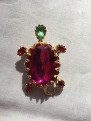 Vintage MCM Gold Tone Pink and Green AB Rhinestone Turtle Brooch