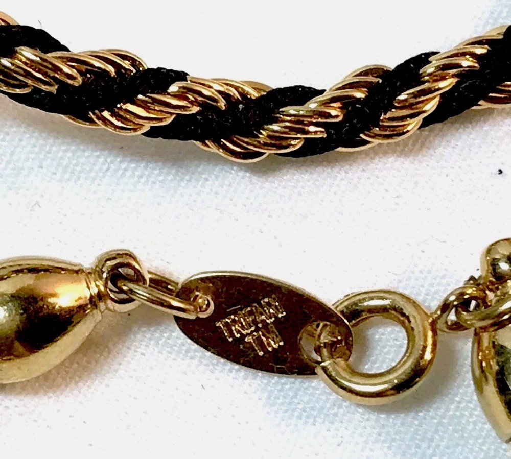 Trifari braided necklace, black and gold tone, 29 in length, signed Tifari
