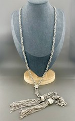 Vintage Tassel Necklace Rhinestone Bolo Style Silver Tone Chain 26”