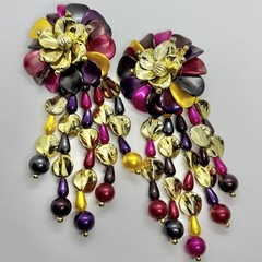 Vtg XL Runway Lucite Multicolor Chandelier Beaded Statement Earrings Clip-on Big