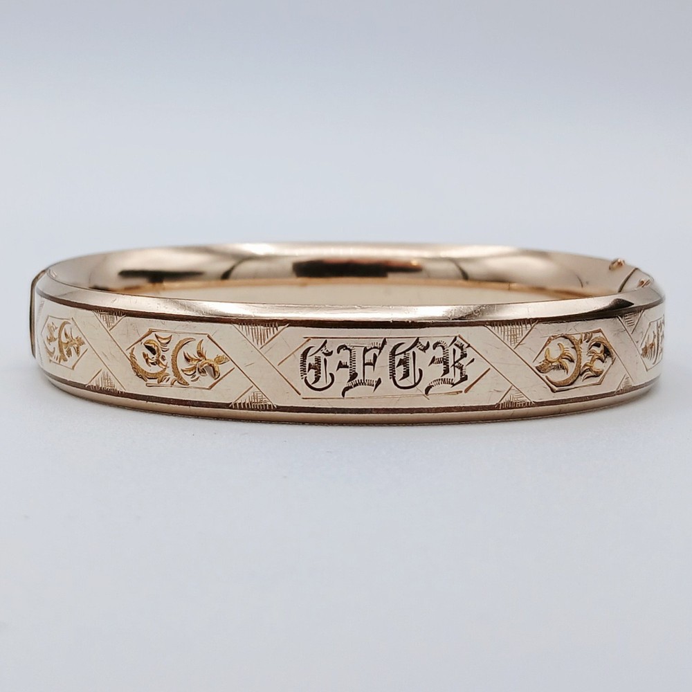 Antique ~ J.M.F. & Co. Monogramed Gold Filled Hinged Bangle Bracelet