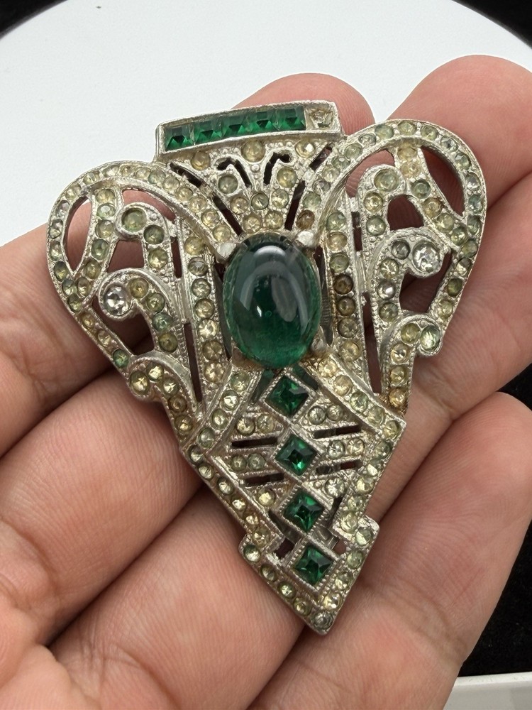 Vintage Art Deco Costume Green And White Rhinestone Clip On Brooch