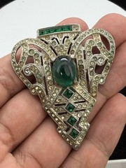 Vintage Art Deco Costume Green And White Rhinestone Clip On Brooch