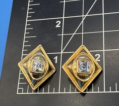 Vintage Givenchy Paris New York Gold Tone Clip‑On Earrings • Square Crystal