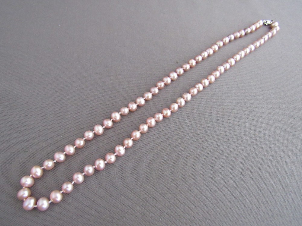 VINTAGE JCM STERLING STAIN PINK CULTURED STRUNG PEARL BEAD COLLAR NECKLACE