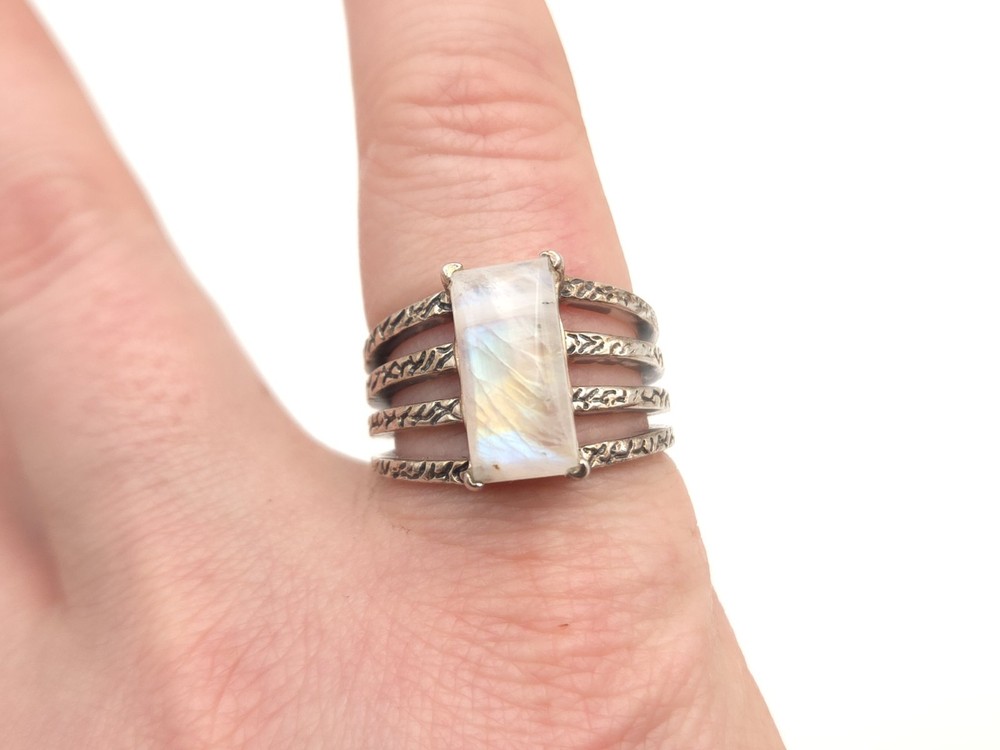 Vintage Sterling Silver 925 Rectangle Moonstone Textured Split Band Ring sz 9