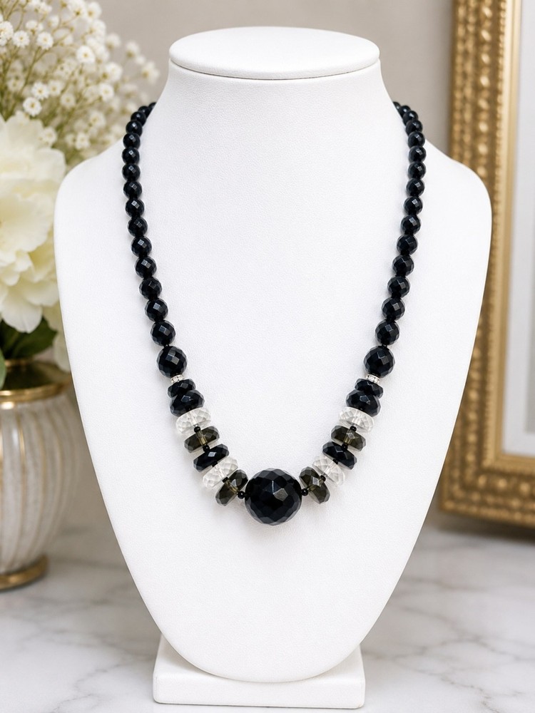 Vintage Czech Black Faceted Glass Bead Necklace Clear Crystal Accents 17″