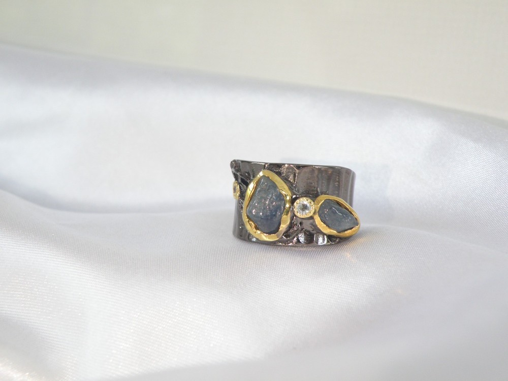 Brutalist Sterling Silver 925 Raw Natural Sapphire Modernist Size 9 Ring