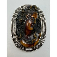 Antique Sterling Silver Cameo Brooch High Relief Amber Toned Lady Portrait #1193