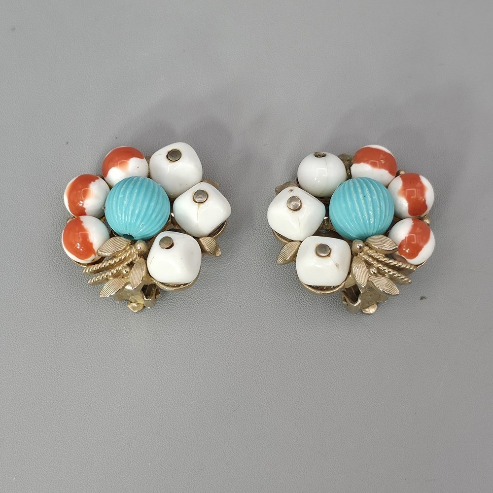 Vintage Clip On Fruit Cluster Earrings White Orange Blue Gold Tone Repaired