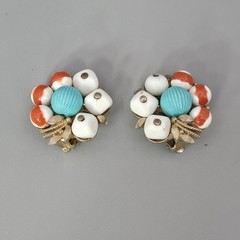 Vintage Clip On Fruit Cluster Earrings White Orange Blue Gold Tone Repaired