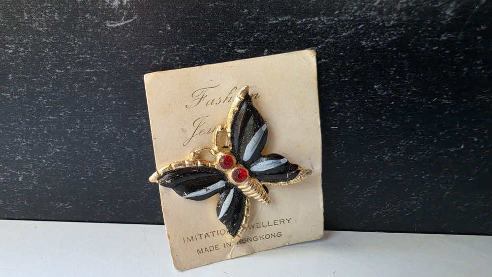 Gold Tone Metal & Enamel Butterfly Brooch Vintage Costume Jewelry READ