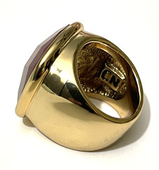 Vintage Gold Tone Dome Cocktail Ring w/ Ruby colored Rhinestone Sz 6.5 Signed CN