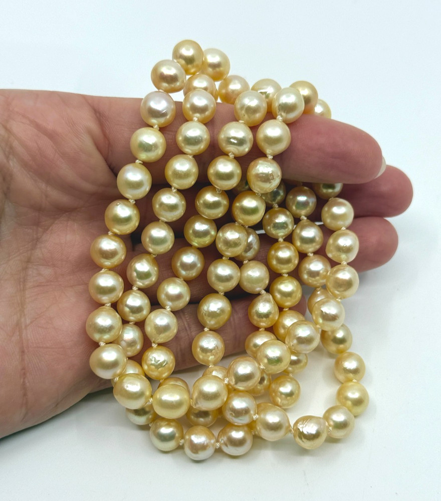 8mm Baroque Light Golden Cream Japanese Saltwater Akoya Pearl Necklace 34.5″