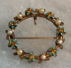 Vintage Blue Enamel Flower & Pearl Wreath Pin / Pendant and Earrings