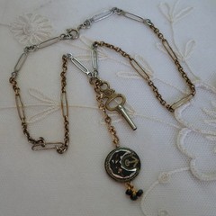 ANTIQUE Gold & Silver Niello Crescent Moon Anchor Pendant Pocket Watch Key
