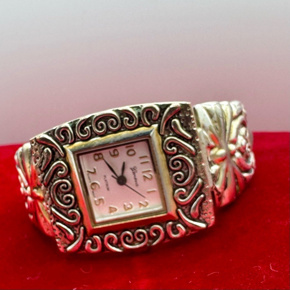 Vintage Geneva Silvertone Women’s Cuff Watch Ornate Statement Bracelet Watch