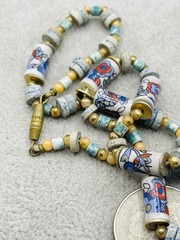 Vintage Porcelain Floral Bead Necklace Mixed Stone Beads Blue White Boho