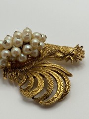 Vintage Hobe Signed Gold Tone Rooster Faux Pearl Brooch As Is